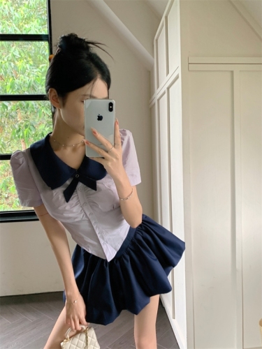 Korean style slimming college style short-sleeved JK shirt + high-waisted puffy skirt