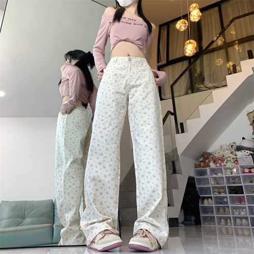 Real shot #American style small fresh floral wide leg pants for women 2024 spring and autumn new slim straight leg loose casual trousers