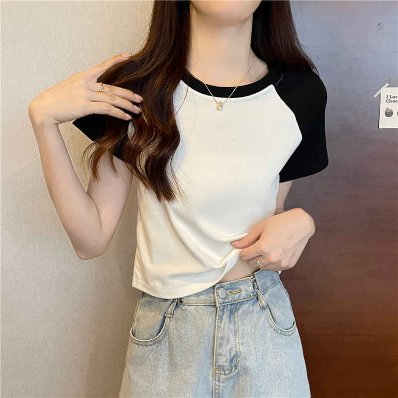 Actual price, real shot, short contrasting color raglan T-shirt for women, summer pure cotton design, versatile slim-fitting short-sleeved top