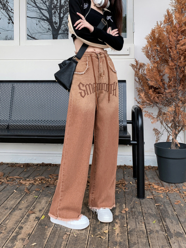 ~American retro gradient color drawstring straight jeans for women ins fashion raw edge high waist wide leg trousers