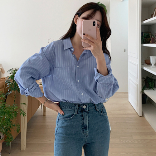 Blue striped long-sleeved shirt for women  spring new Korean style casual versatile layered vertical striped slim shirt