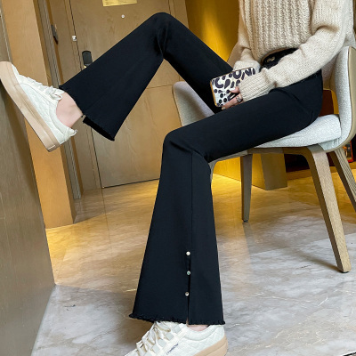 Real shot of black slit autumn and winter new high-waisted loose slim floor-length micro-flared pants for women