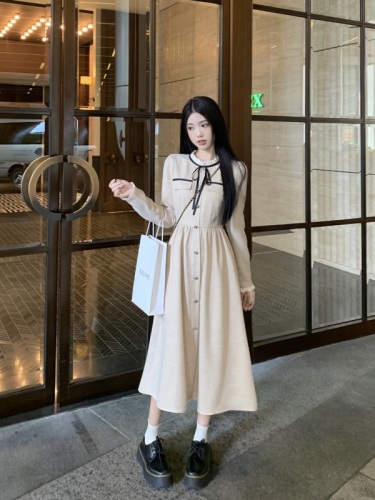 Xiaoxiangfeng dress autumn and winter new style ladylike waist slimming mid-length lace-up long-sleeved skirt