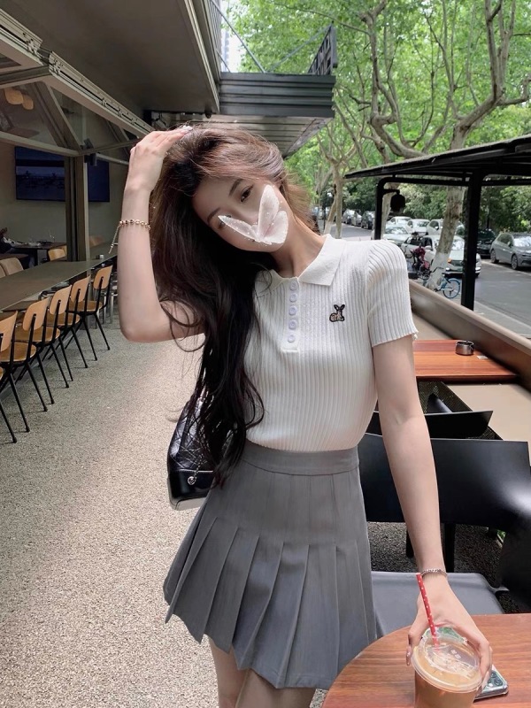 Qiu Rouyao Summer Embroidered White Short Slim College Style Cute Slim Chic Hong Kong Style Top Short Sleeves for Women