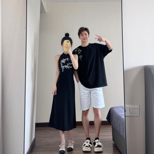 Real shot of couple's outfit, improved cheongsam skirt, women's summer retro national style new Chinese style dress, one dress and one skirt
