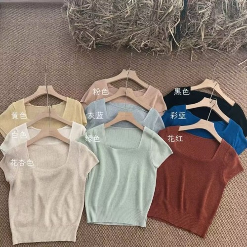 Actual shot of 2024 new summer Korean style loose square collar simple commuting slim and versatile short-sleeved pullover sweater