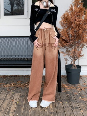 ~American retro gradient color drawstring straight jeans for women ins fashion raw edge high waist wide leg trousers