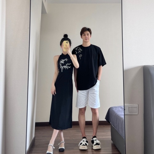 Real shot of couple's outfit, improved cheongsam skirt, women's summer retro national style new Chinese style dress, one dress and one skirt