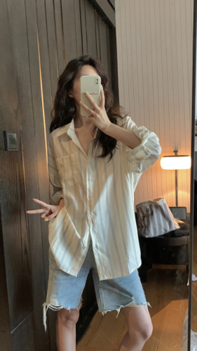 Actual shot, real price, Korean style loose slimming striped sun protection long-sleeved shirt