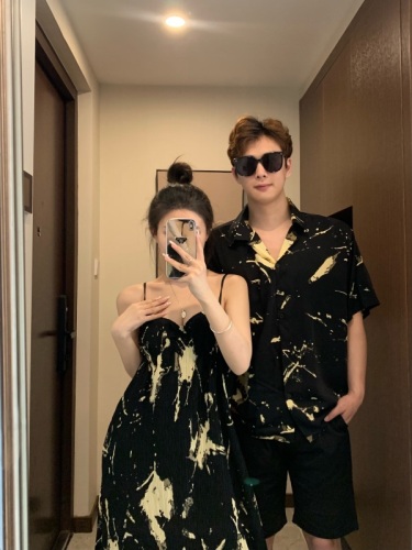Real shot of couple's outfit, floral suspender dress, women's summer loose shirt, mid-length skirt, one dress and one skirt