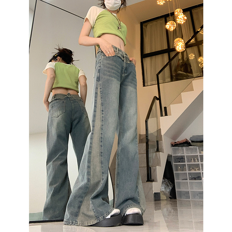 Real price!  Hot girl retro distressed splicing bootcut jeans women's design slimming straight pants