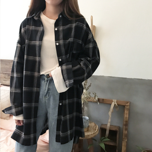 Sun protection clothing women's Korean style plaid shirt women's  new student loose long-sleeved mid-length shirt thin jacket