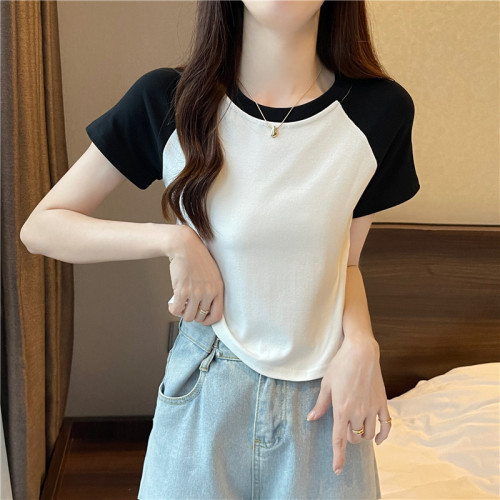 Actual price, real shot, short contrasting color raglan T-shirt for women, summer pure cotton design, versatile slim-fitting short-sleeved top