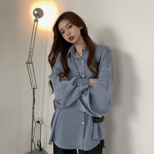 Spring and Autumn Korean version  new loose mid-length haze blue lazy style casual salt style long-sleeved shirt tops for women