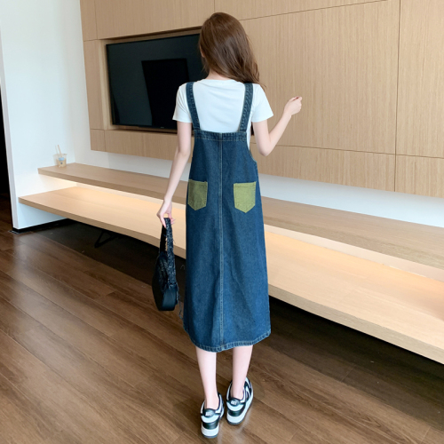 Actual shot and real price 2023 summer dress to slim down and reduce age, new retro a-line skirt denim suspender skirt