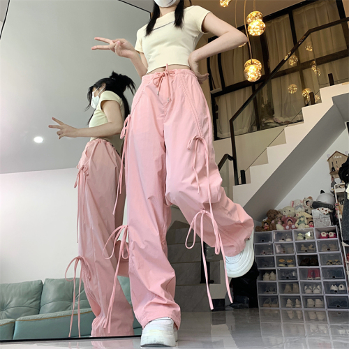 Actual shot #Designed strappy American workwear pants for women new loose hip hop drawstring straight leg casual pants