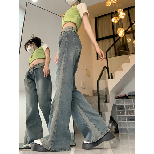Real price!  Hot girl retro distressed splicing bootcut jeans women's design slimming straight pants