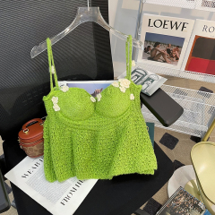 Sexy flower embroidered tube top straps knitted short sweater female hot girl top Korean style fashion shirt summer new style
