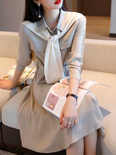 French retro temperament shirt dress  spring new long-sleeved waist a-line mid-length skirt for women