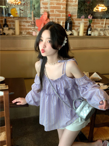 Real shot and real price summer new style loose off-shoulder one-shoulder sun protection long-sleeved shirt lantern sleeve top