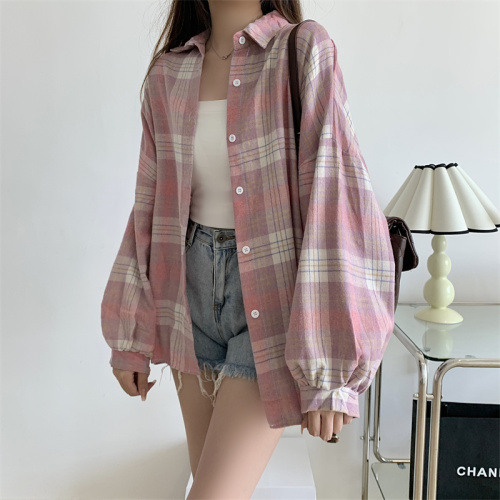 Actual shot and real price Korean high-end design niche shirt women's autumn clothing retro Hong Kong style versatile loose plaid shirt