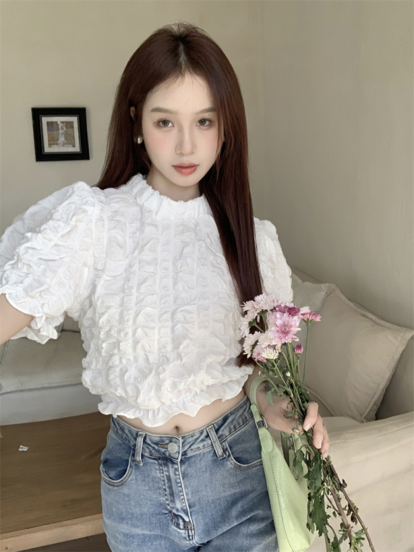 Real-price French sweet puff-sleeved shirt pleated short design top for little people