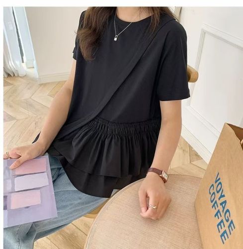 Niche T-shirt women's short-sleeved fashion design spring and summer new age-reducing loose slimming spliced ​​skirt bottoming top