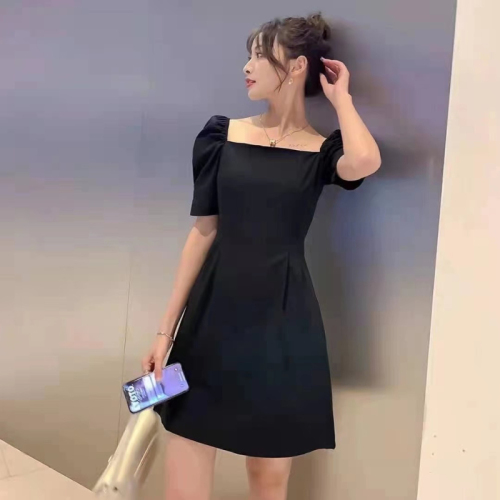 S-3XL Hepburn style little black dress for women summer new French retro square collar mid-length puff sleeve dress