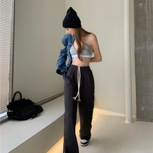European and American hot girls side-breasted trousers, loose straight button casual sports pants, high street style sweatpants, same style for men and women