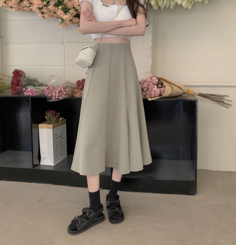 Summer 2024 new design niche solid color mid-length high-waisted slim A-line skirt