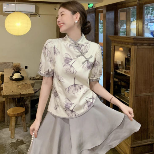 New Chinese style improved cheongsam, retro Hepburn style French puff sleeve top + high waisted tutu skirt two-piece set