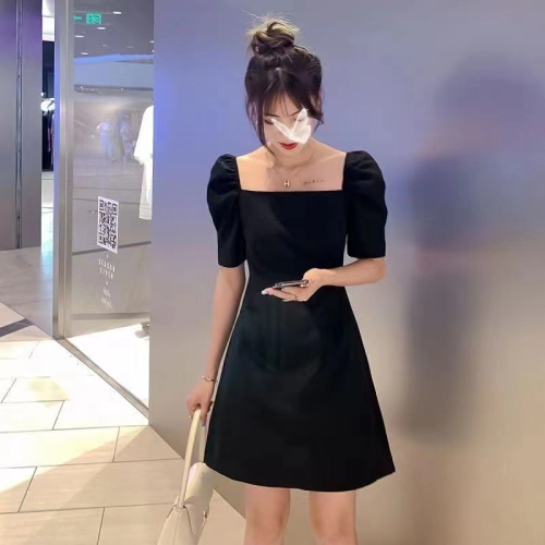 S-3XL Hepburn style little black dress for women summer new French retro square collar mid-length puff sleeve dress