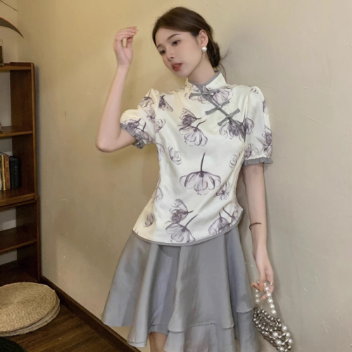 New Chinese style improved cheongsam, retro Hepburn style French puff sleeve top + high waisted tutu skirt two-piece set