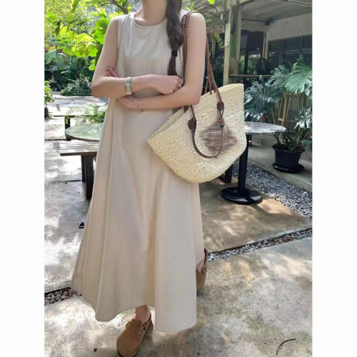 Casual large size sleeveless vest dress for women summer loose slim dress a line backless solid color temperament long skirt