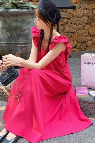 2024 Summer French Square Neck Rose Red Small Flying Sleeve Dress Loose A-Line Slimming Drape Long Skirt