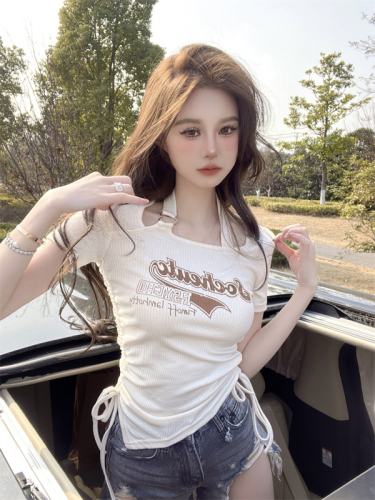 Hot girl's halterneck unique top design niche women's irregular drawstring short-sleeved T-shirt for summer