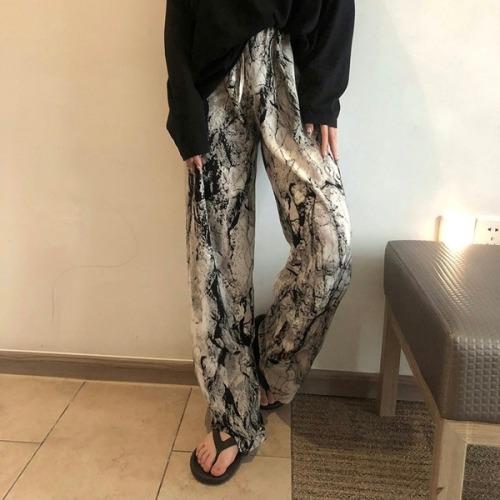 Ink tie-dye pants for women, summer chiffon floor-length pants, wide-leg pants for women, high-waisted drape overalls, summer thin, smudge-dyed pants