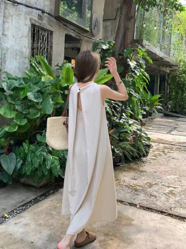 Casual large size sleeveless vest dress for women summer loose slim dress a line backless solid color temperament long skirt