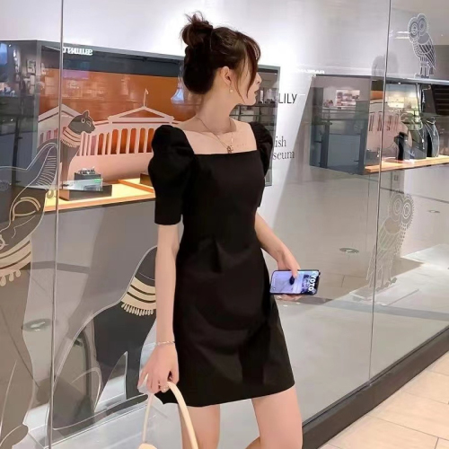 S-3XL Hepburn style little black dress for women summer new French retro square collar mid-length puff sleeve dress