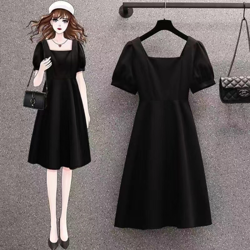 S-3XL Hepburn style little black dress for women summer new French retro square collar mid-length puff sleeve dress