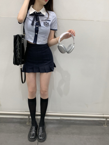 Actual shot and real price ~ New Korean style uniform, college style suit, blue short-sleeved shirt, cute school girl two-piece set for women