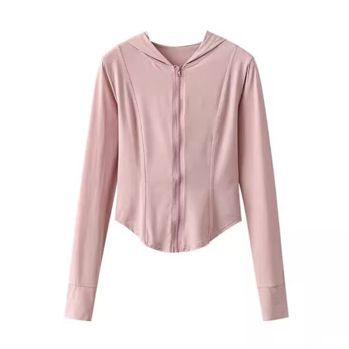 Pink ice silk hooded sun protection clothing for women 2023 summer thin slim fit short top jacket wide leg pants two-piece set