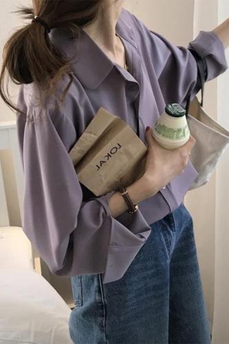 Korean style purple long-sleeved chiffon shirt women's design niche spring and autumn casual lazy commuting drape top