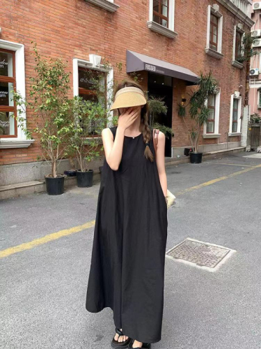 Casual large size sleeveless vest dress for women summer loose slim dress a line backless solid color temperament long skirt