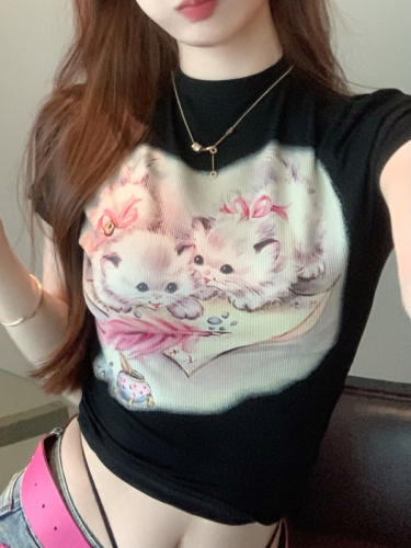 Real shot and real price three-color non-glue white ink printed cat T-shirt elastic fabric skin-friendly and comfortable short-sleeved summer