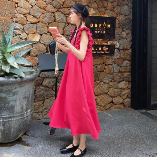 2024 Summer French Square Neck Rose Red Small Flying Sleeve Dress Loose A-Line Slimming Drape Long Skirt