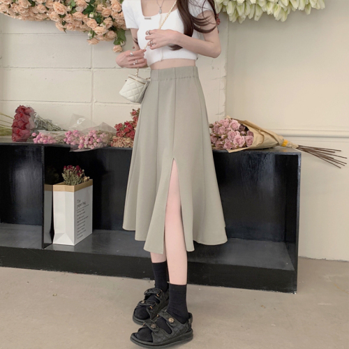 Summer 2024 new design niche solid color mid-length high-waisted slim A-line skirt