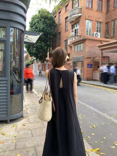 Casual large size sleeveless vest dress for women summer loose slim dress a line backless solid color temperament long skirt