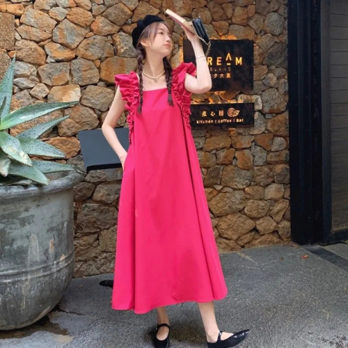 2024 Summer French Square Neck Rose Red Small Flying Sleeve Dress Loose A-Line Slimming Drape Long Skirt