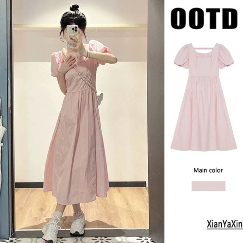 French first love milky sweet pink dress summer gentle style waist slimming puff sleeves sweet age-reducing long skirt for women